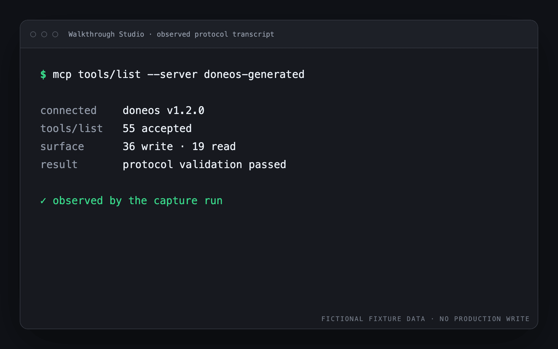 Terminal showing the generated DoneOS MCP server returning 55 valid tools