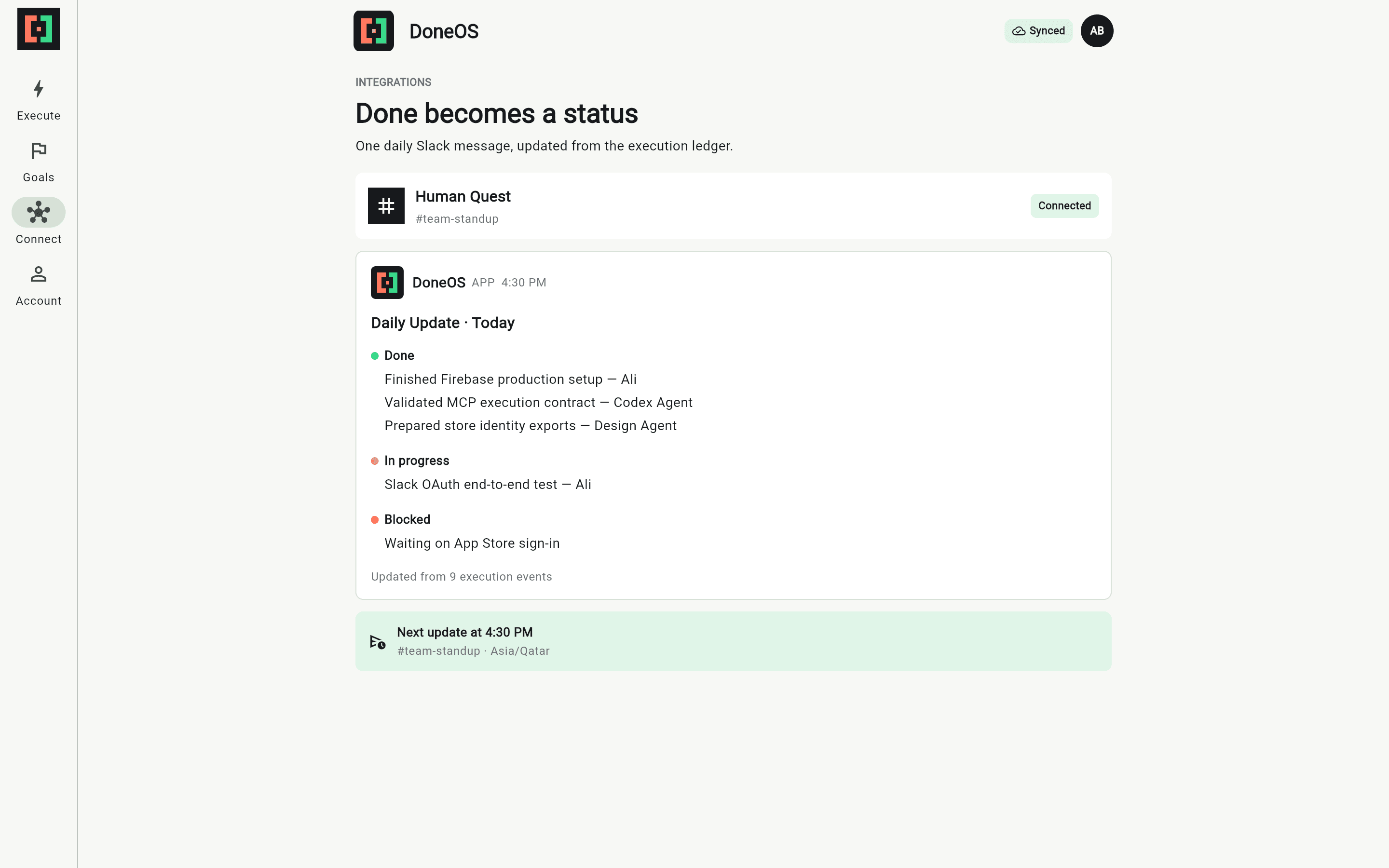 Slack Status in the DoneOS Flutter product on undefined