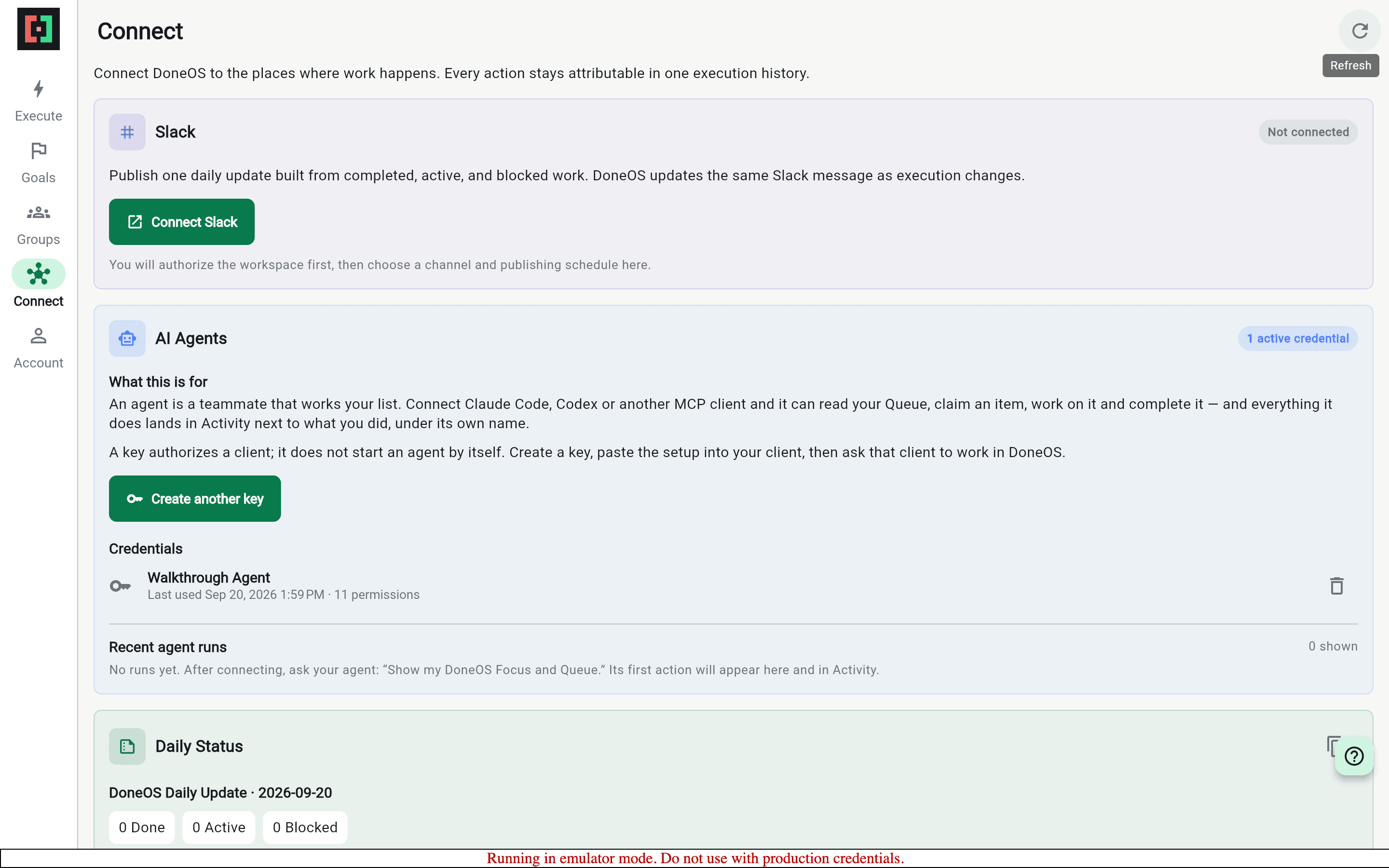 DoneOS Connect screen showing the Walkthrough Agent credential after an MCP call