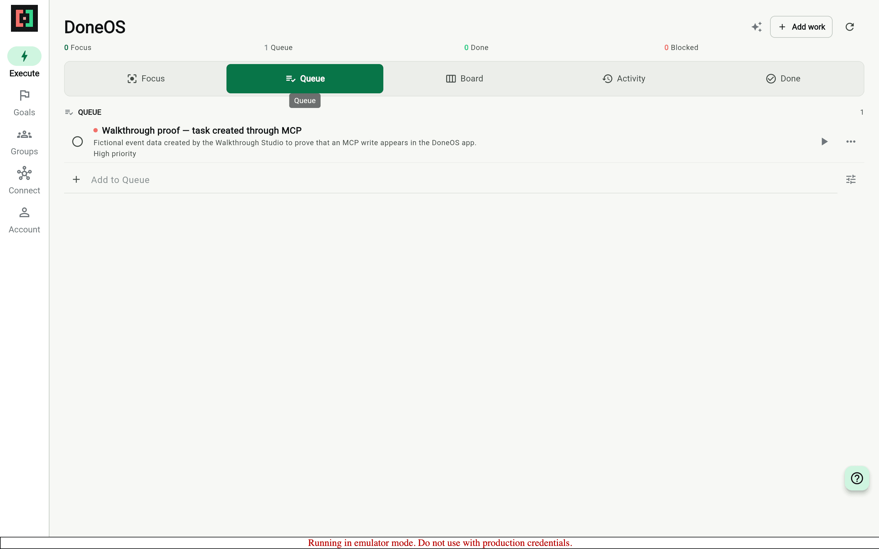 DoneOS Queue showing the exact task created through MCP