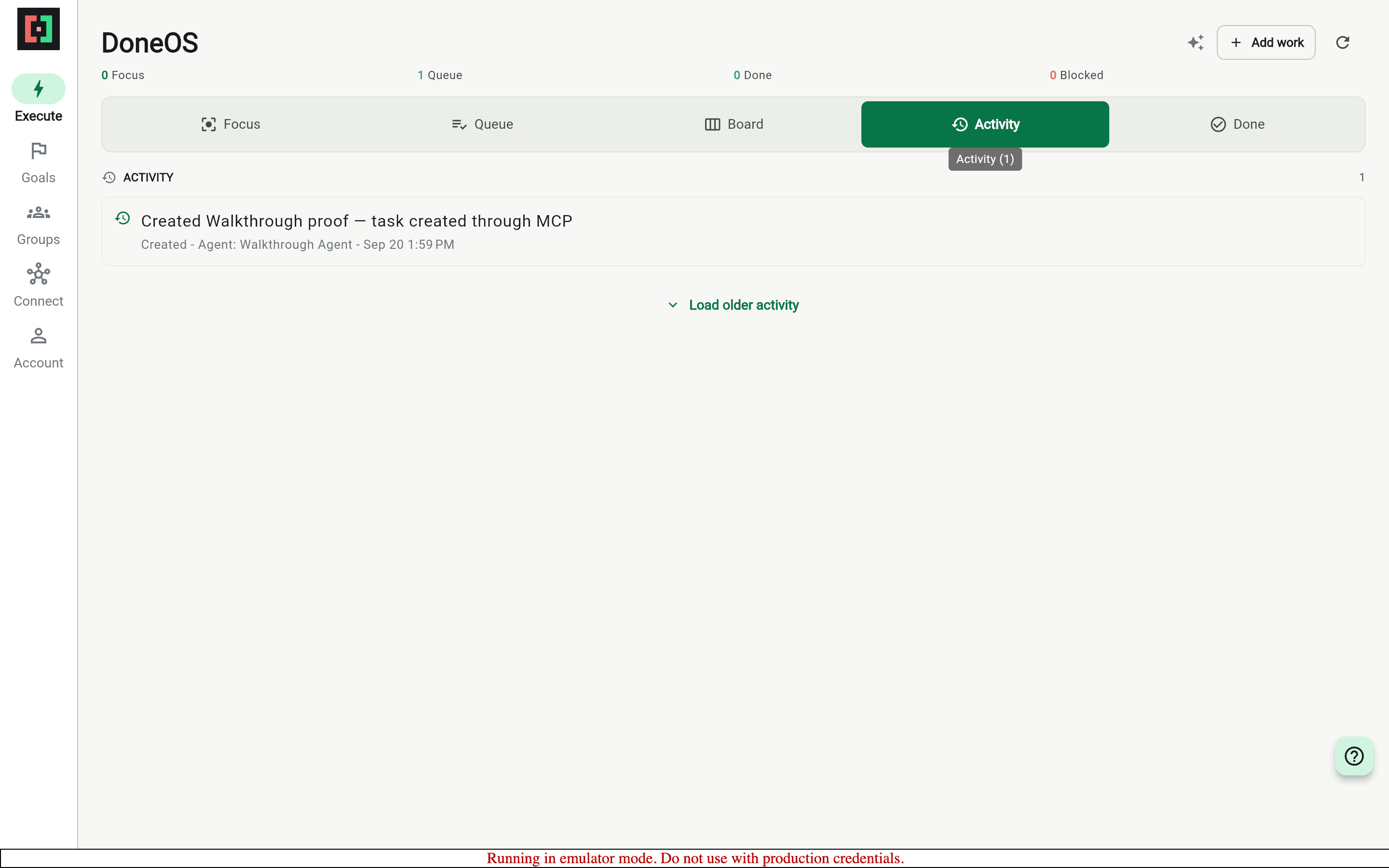 DoneOS Activity showing the MCP-created task attributed to Walkthrough Agent